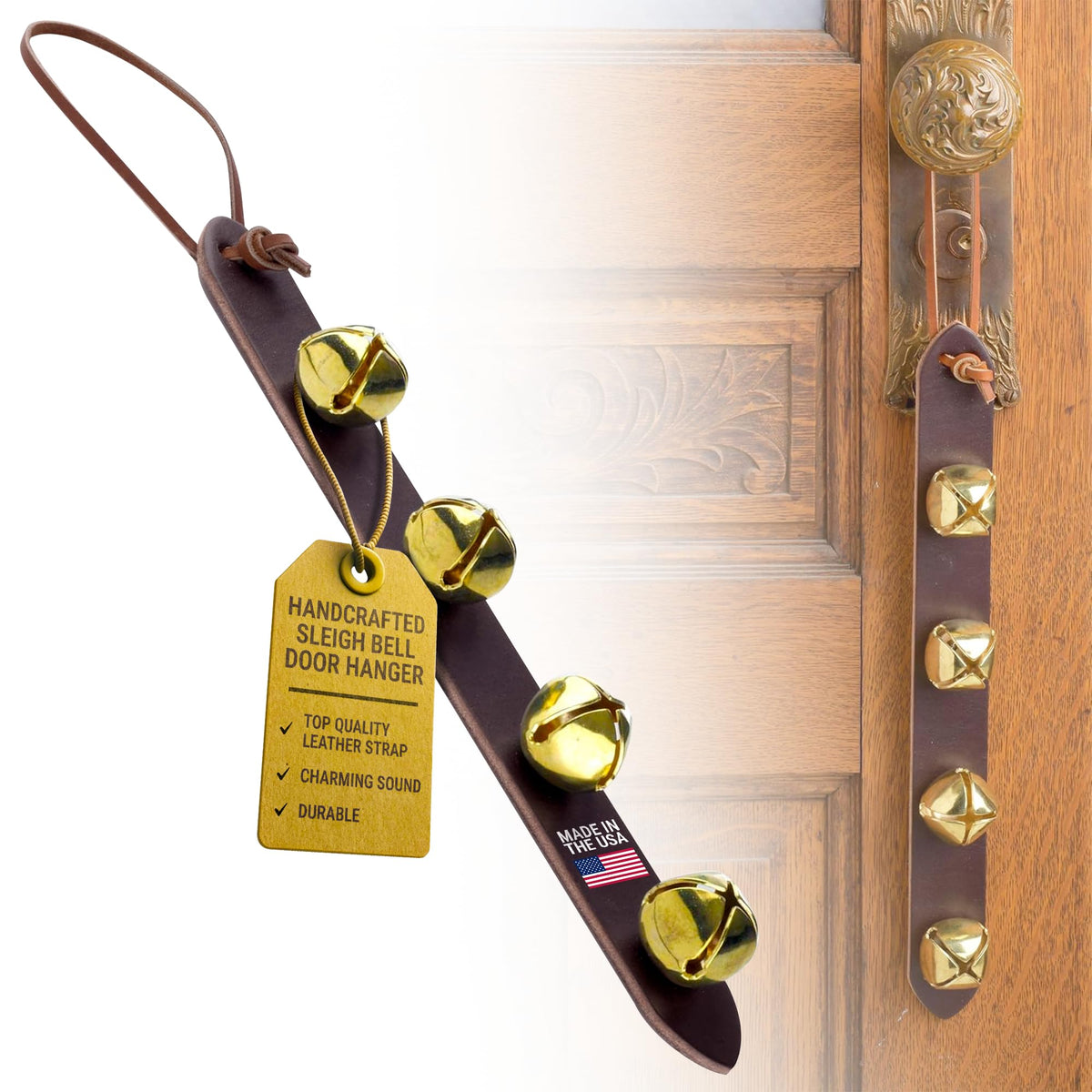 Coblentz Leather front view showing full 14 inch hanger and bells for classic entry charm