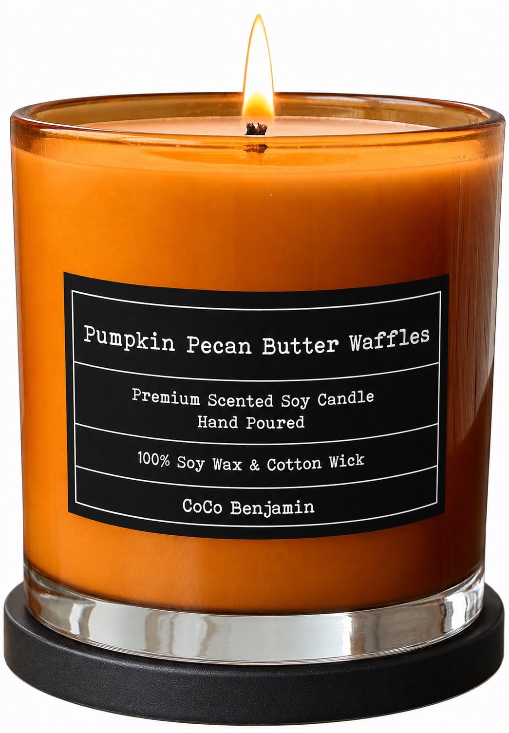 CoCo Benjamin front packaging showing Pumpkin Pecan Butter Waffles scent and elegant jar benefit: gift-ready