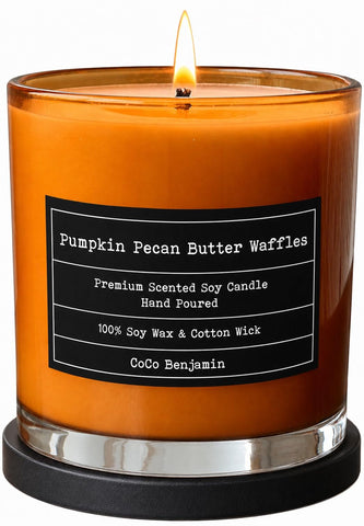 CoCo Benjamin front packaging showing Pumpkin Pecan Butter Waffles scent and elegant jar benefit: gift-ready