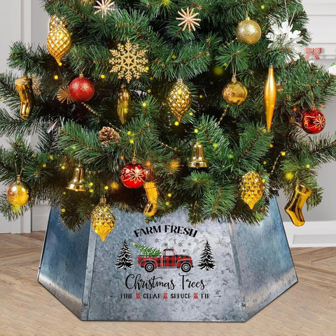cocomong front view of metal tree collar shows festive truck design and neat base