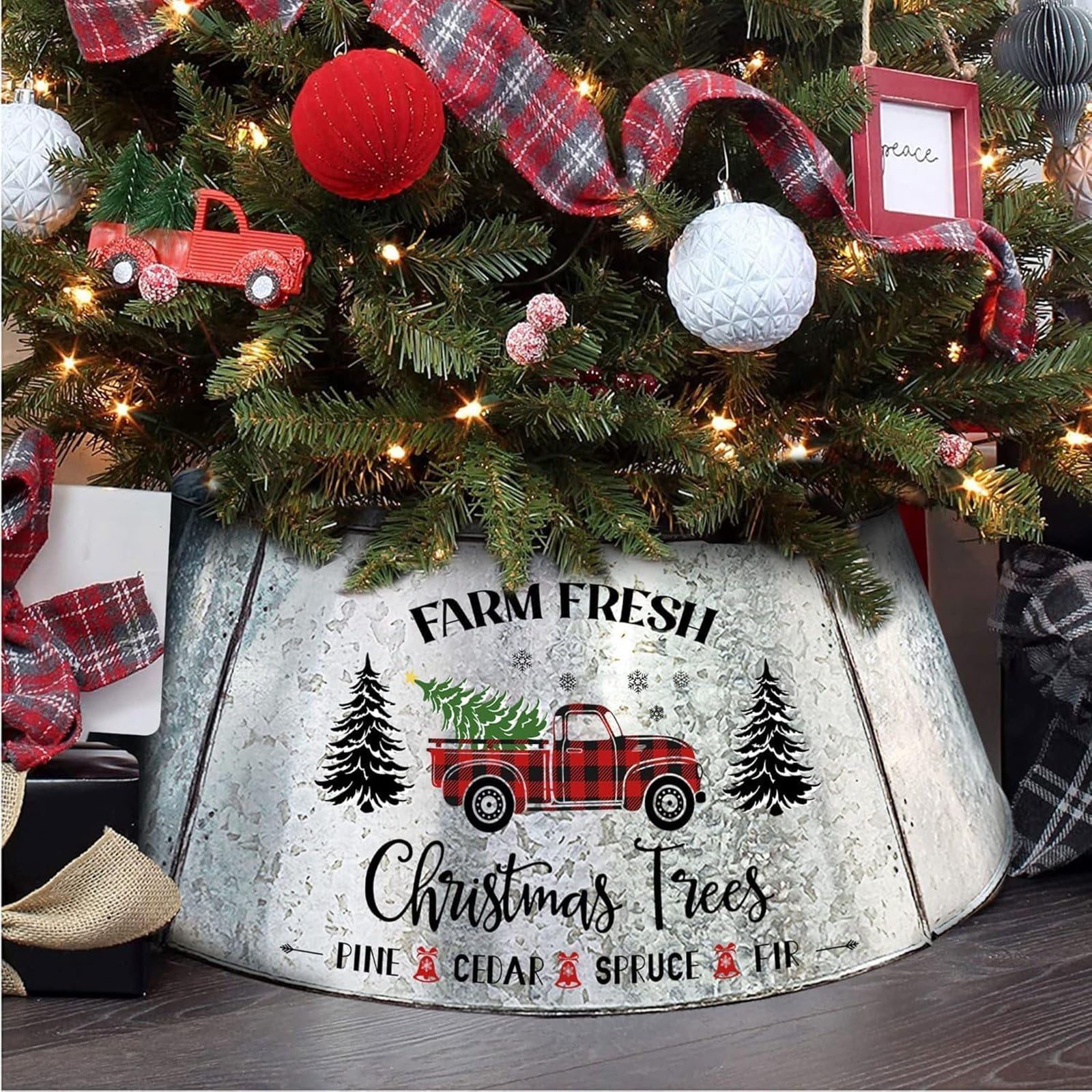 cocomong front view of 29-inch metal tree collar hiding stand and adding festive focal point