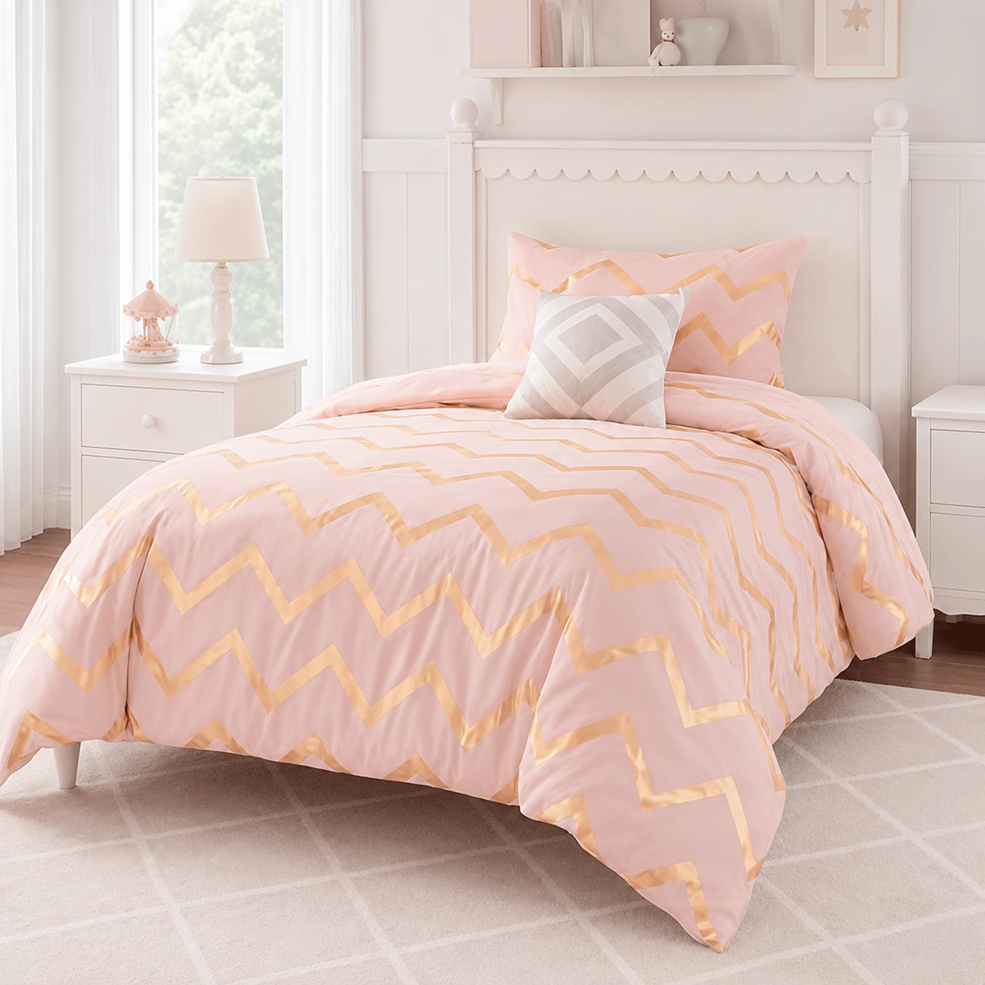 Codi blush comforter front view showing geometric shimmer and instant style