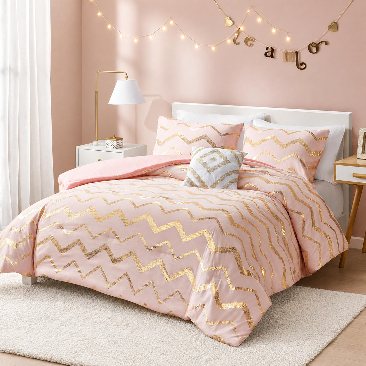 Codi blush comforter front view showing geometric metallic design and chic styling