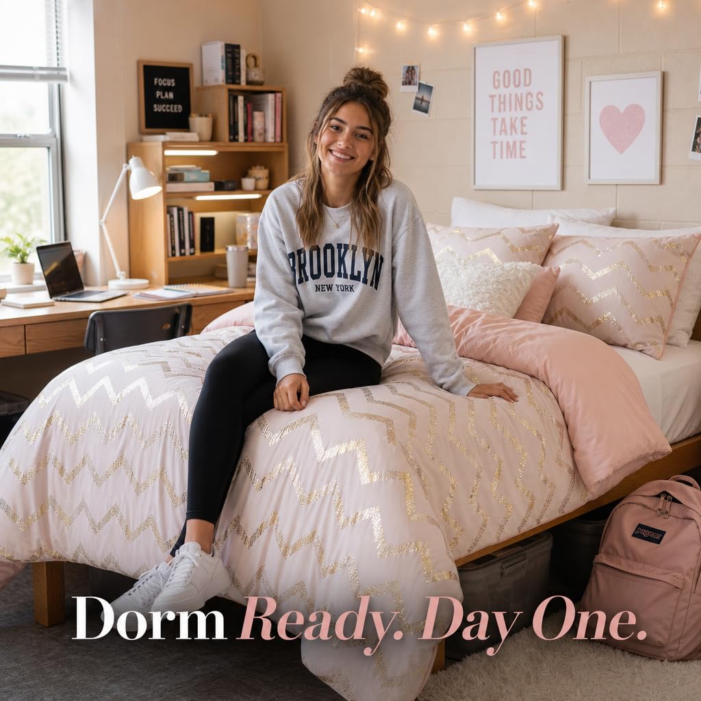 Codi blush comforter on dorm bed showing practical stylish setup