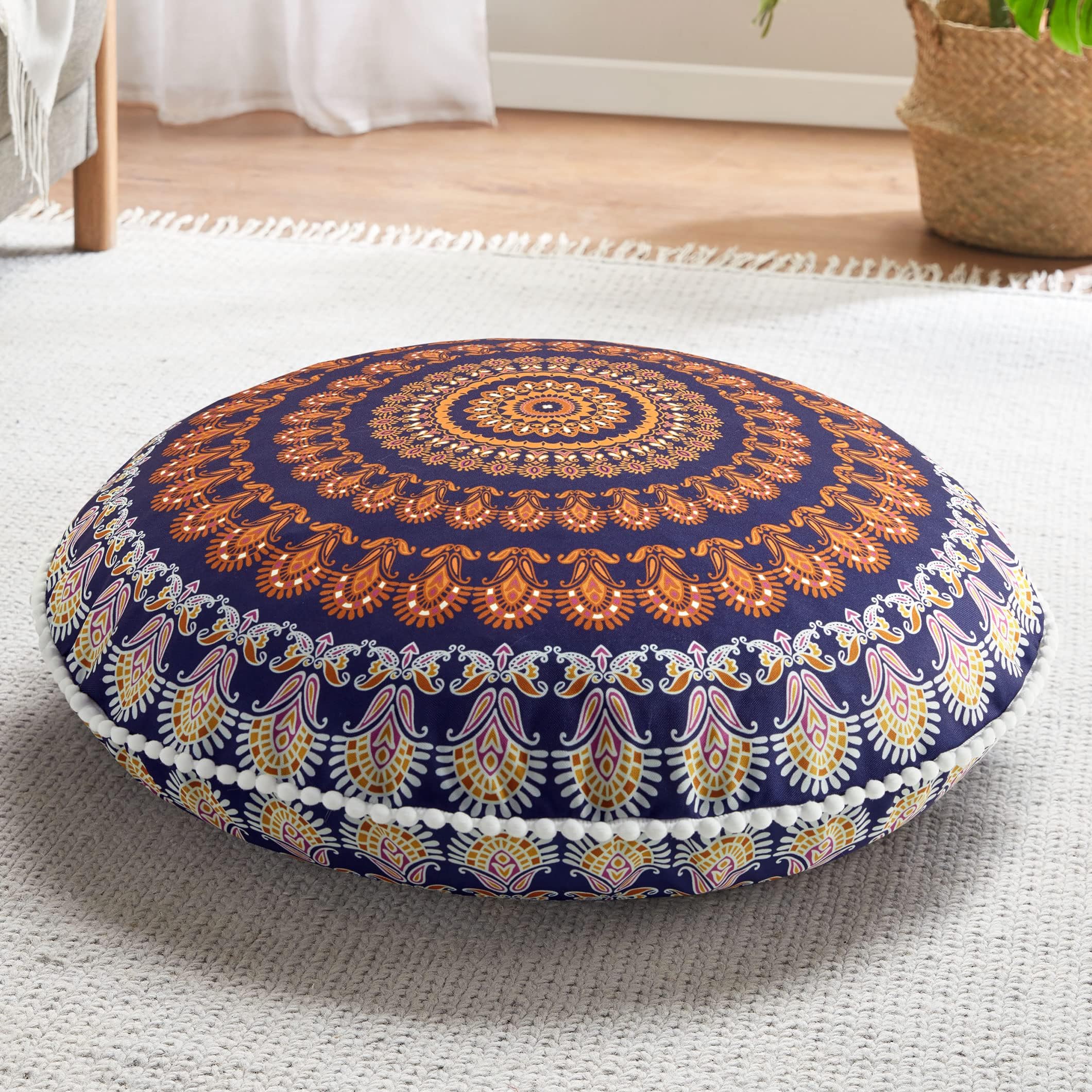 Codi floor pillow front view showing mandala and bright yellow color for visual warmth