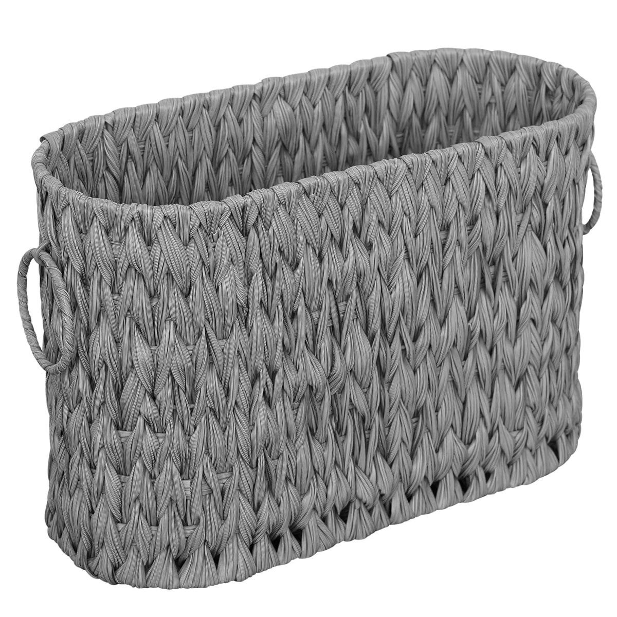 Coeusy front view of wicker basket showing neat toilet paper storage and organized look