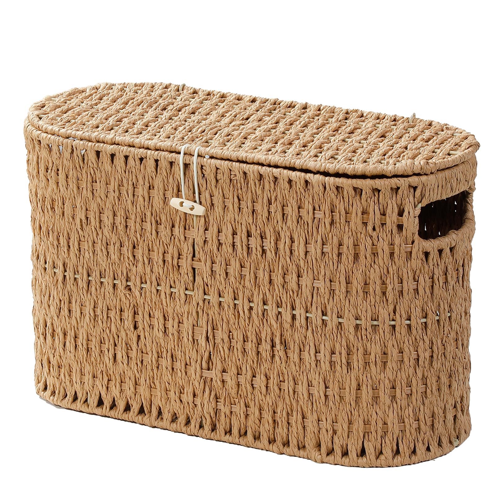 Coeusy front view of woven paper rope basket showing lid and shape, enhances bathroom organization