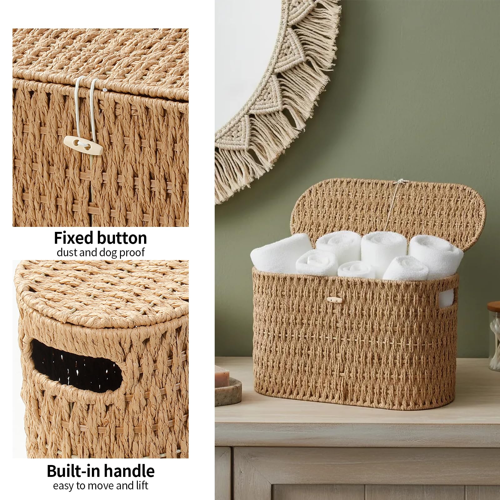 Coeusy basket placed in bathroom setting showing how it complements boho decor and saves space