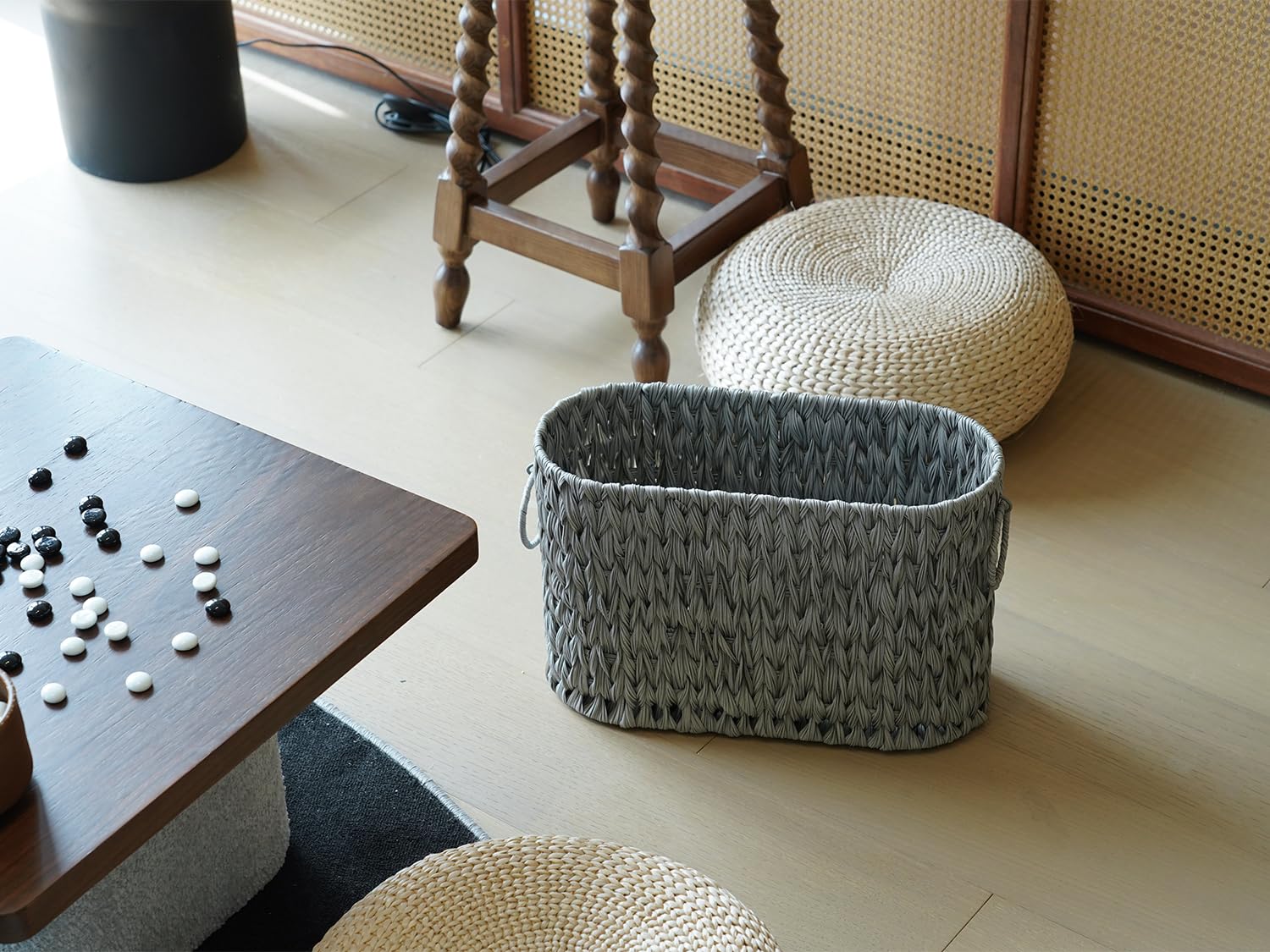 Coeusy basket next to toilet showing size comparison and space-conscious fit