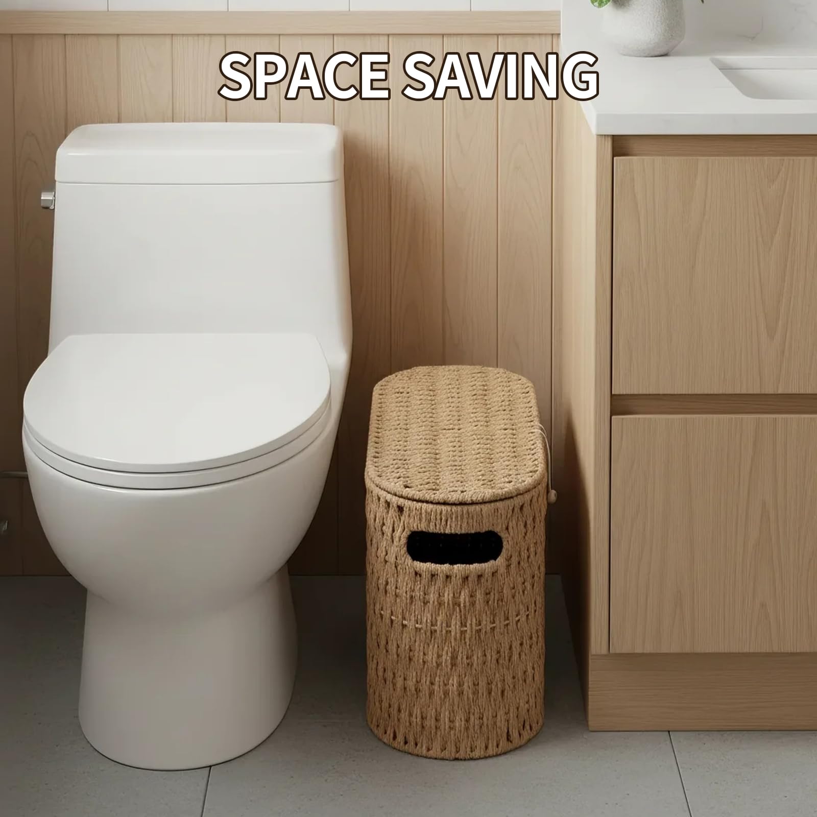 Coeusy basket open with spare rolls and toiletries inside showing tidy concealed storage