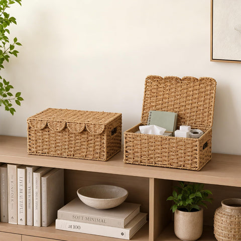 Coeusy baskets styled on shelf offering organized decorative storage