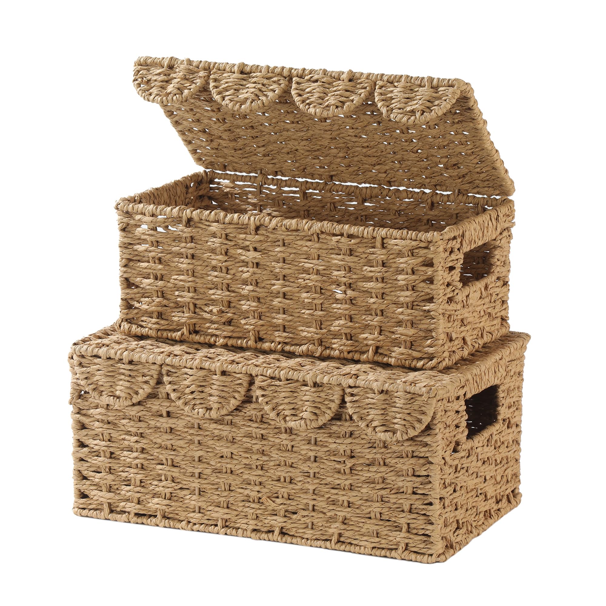 Coeusy front view of two lidded baskets showing decorative display benefit