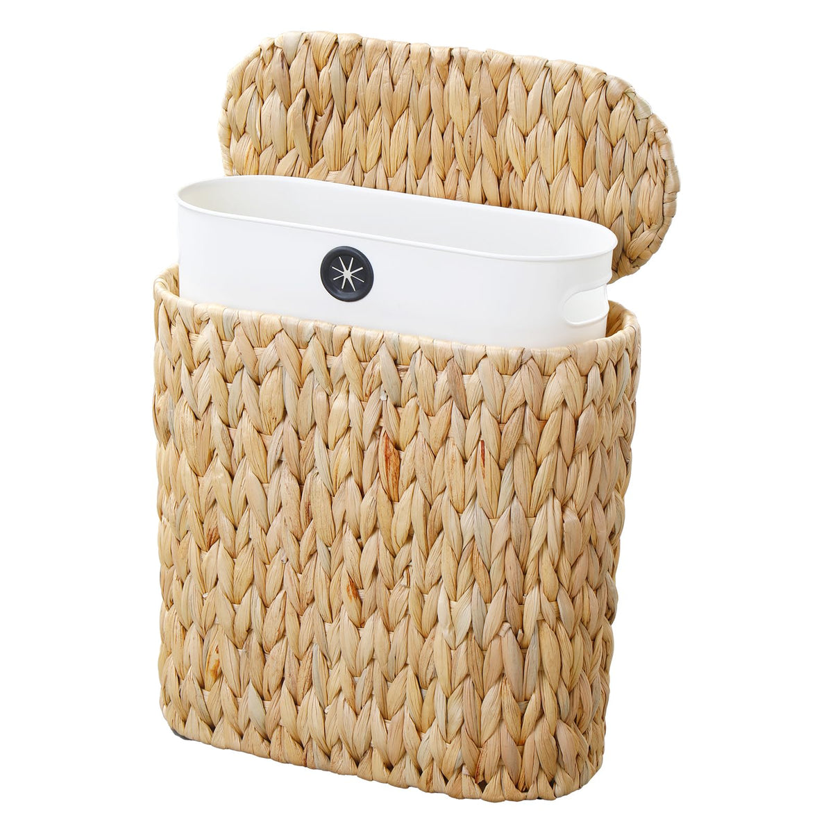 Coeusy front view wicker trash can showing slim design and stylish storage benefit