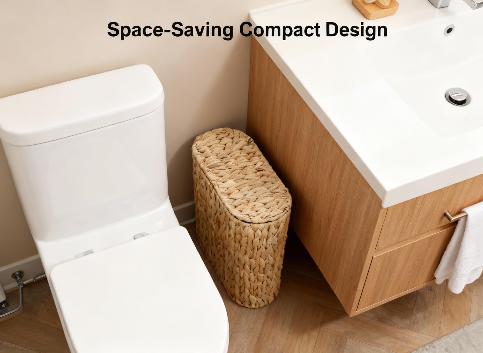 Coeusy placed between vanity and toilet demonstrating space saving convenience