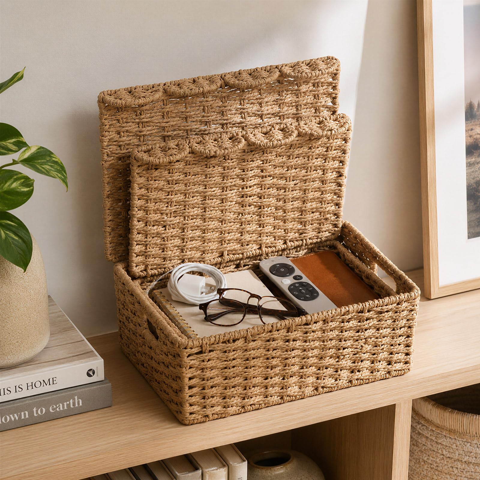Coeusy large basket beside book for scale, shows size and fit