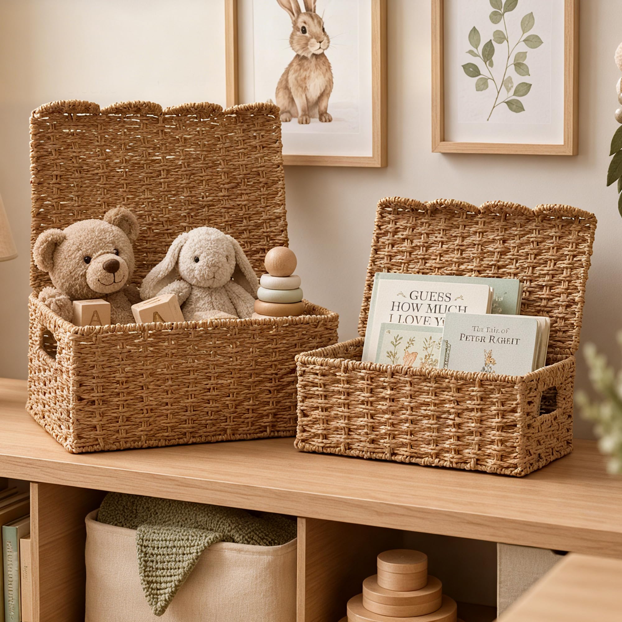 Coeusy baskets on nursery shelf with toys showing safe lightweight storage