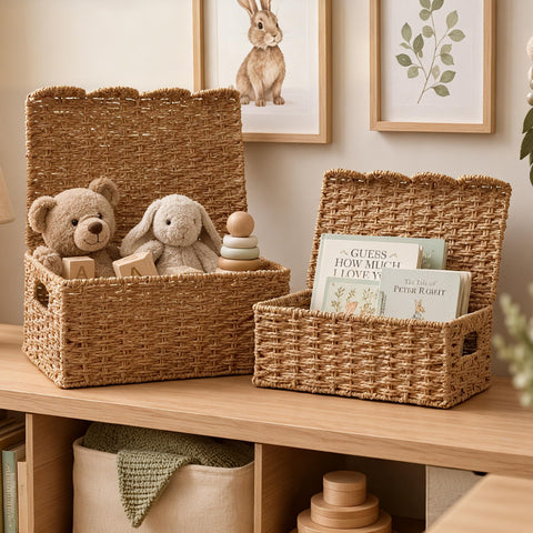 Coeusy baskets on nursery shelf with toys showing safe lightweight storage
