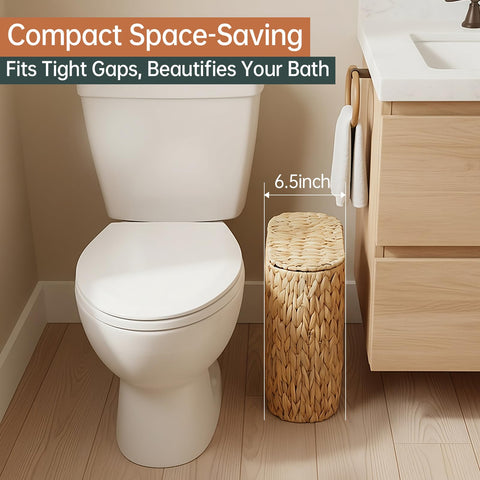 Coeusy next to toilet paper roll illustrating 3‑gallon size and scale