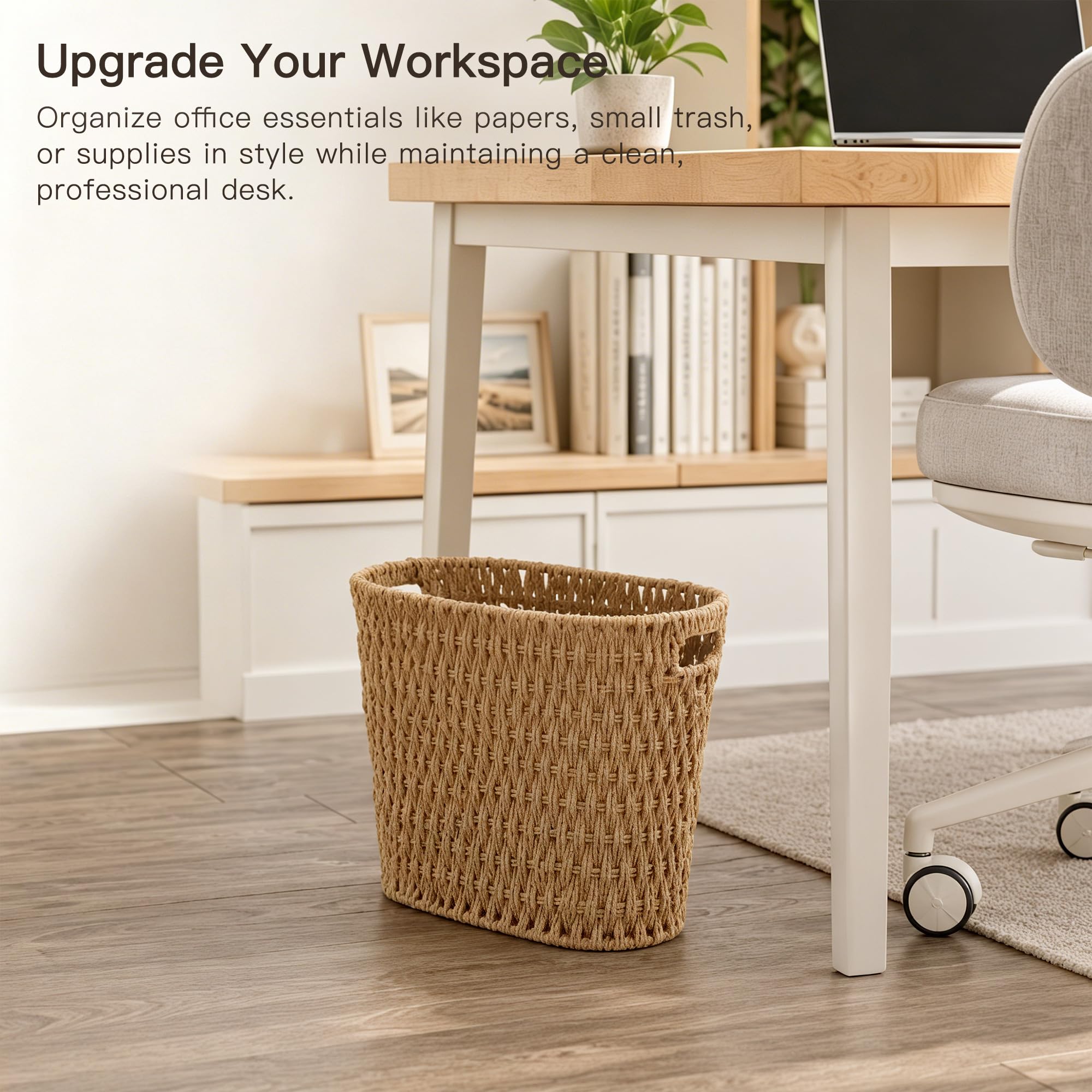 Coeusy trash can under desk showing slim size for office organization