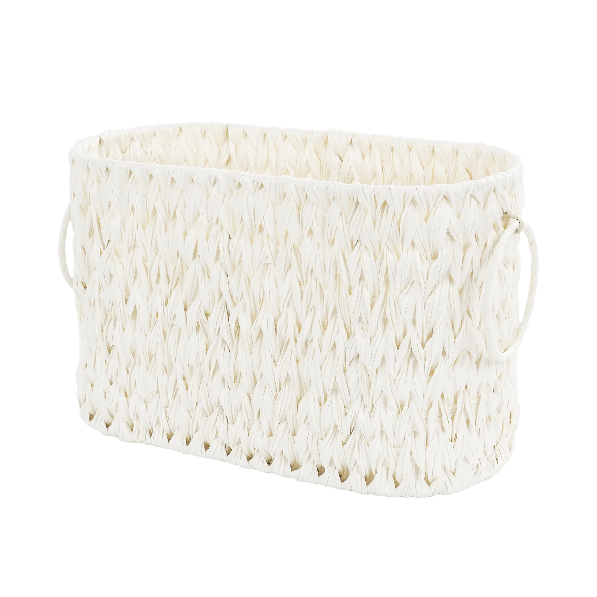 Coeusy basket front view showing slim profile and elegant wicker texture benefit: organized storage
