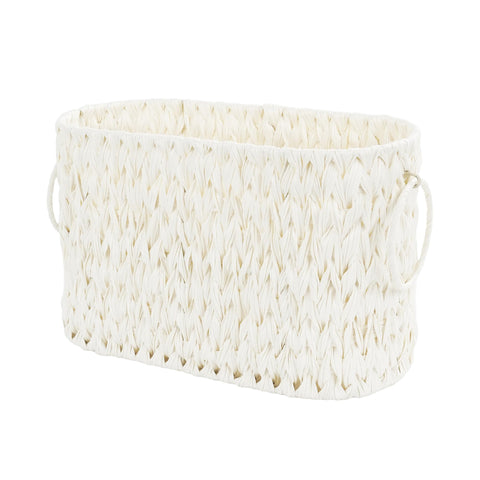 Coeusy basket front view showing slim profile and elegant wicker texture benefit: organized storage