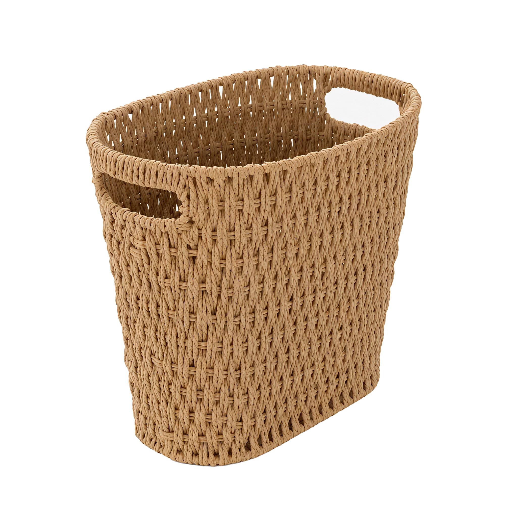 Coeusy front view of wicker trash can showing tidy design and compact footprint