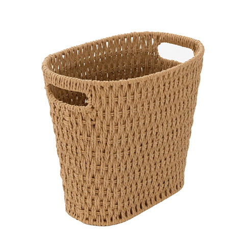 Coeusy front view of wicker trash can showing tidy design and compact footprint