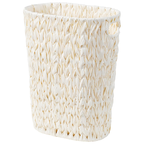 Coeusy front view of cream white wicker trash can showing slim profile and elegance