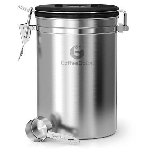 Coffee Gator front view of 22oz canister showing sleek stainless finish and compact shape for fresh storage