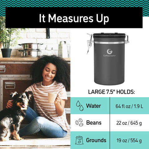 Coffee Gator next to a standard coffee bag showing 22oz capacity and household scale