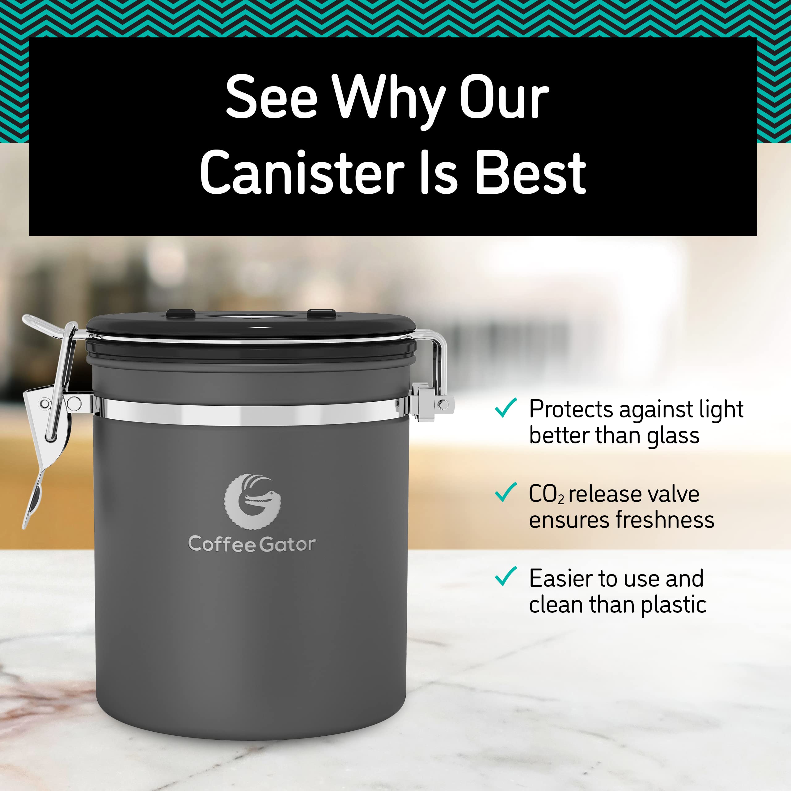 Coffee Gator stacked with other containers showing neat storage and space-saving organization
