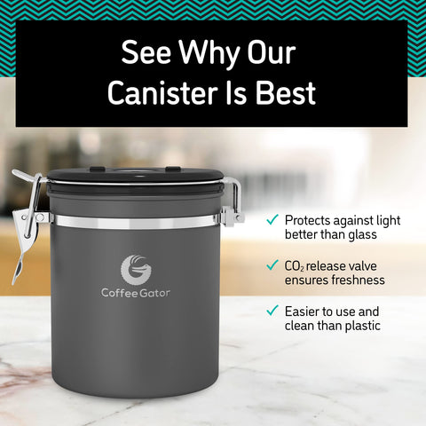 Coffee Gator stacked with other containers showing neat storage and space-saving organization