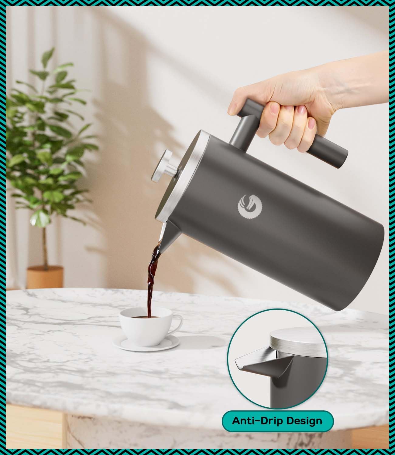 Coffee Gator size comparison beside coffee mugs showing 34 oz capacity for group servings