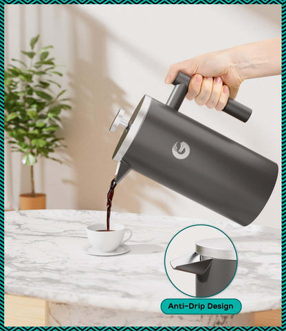 Coffee Gator size comparison beside coffee mugs showing 34 oz capacity for group servings