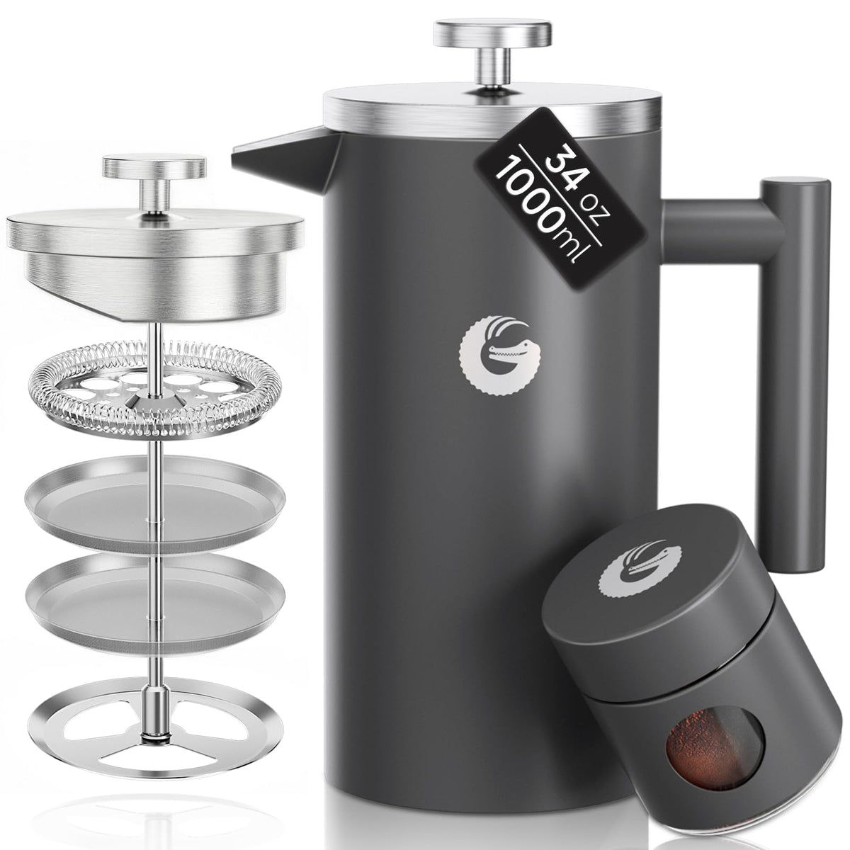 Coffee Gator front view showing gray stainless press and stylish silhouette for durable brewing