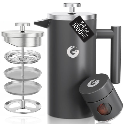 Coffee Gator front view showing gray stainless press and stylish silhouette for durable brewing