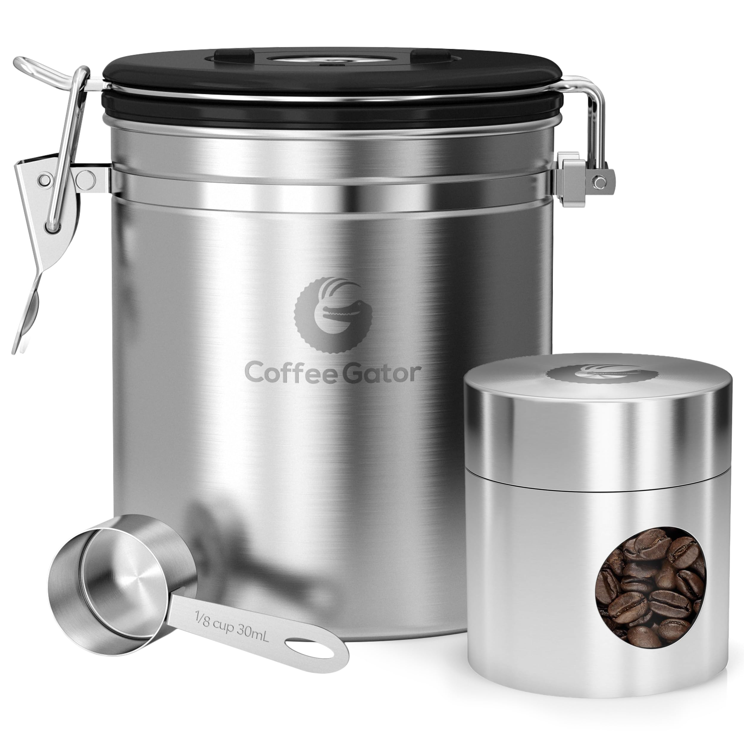 Coffee Gator front view canister showing compact design and counter-ready style