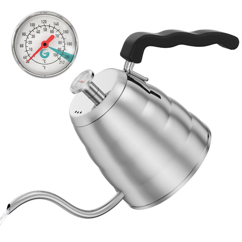 Coffee Gator front view stainless kettle showcasing sleek pour-over design and capacity benefit