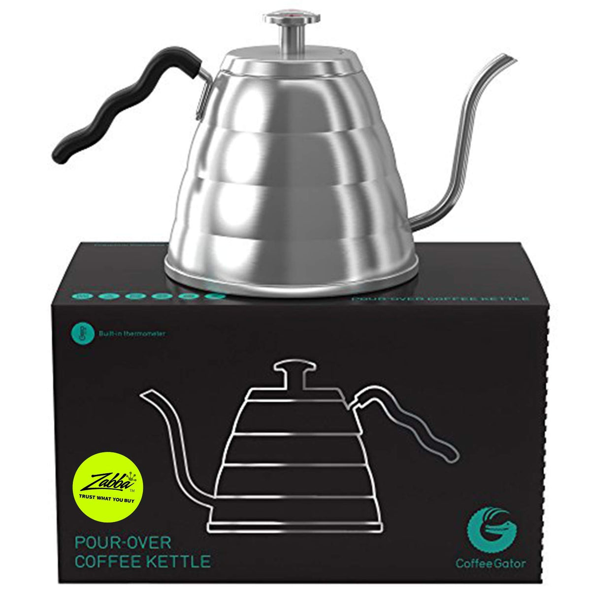 Coffee Gator front view showing kettle shape and handle for stable pouring