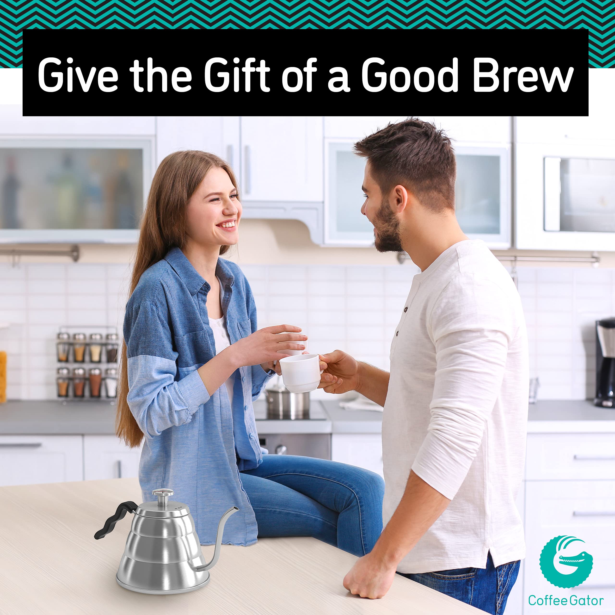 Coffee Gator kettle on kitchen counter in lifestyle shot inspiring everyday brewing routines
