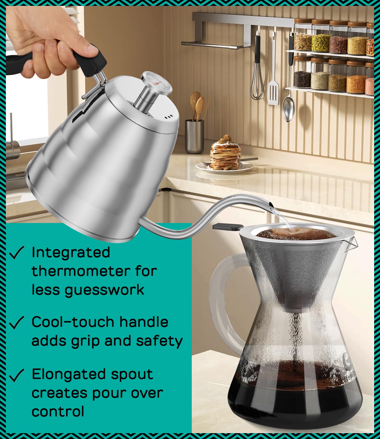 Coffee Gator pouring into pour-over dripper demonstrating precise water flow for even extraction