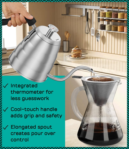 Coffee Gator pouring into pour-over dripper demonstrating precise water flow for even extraction