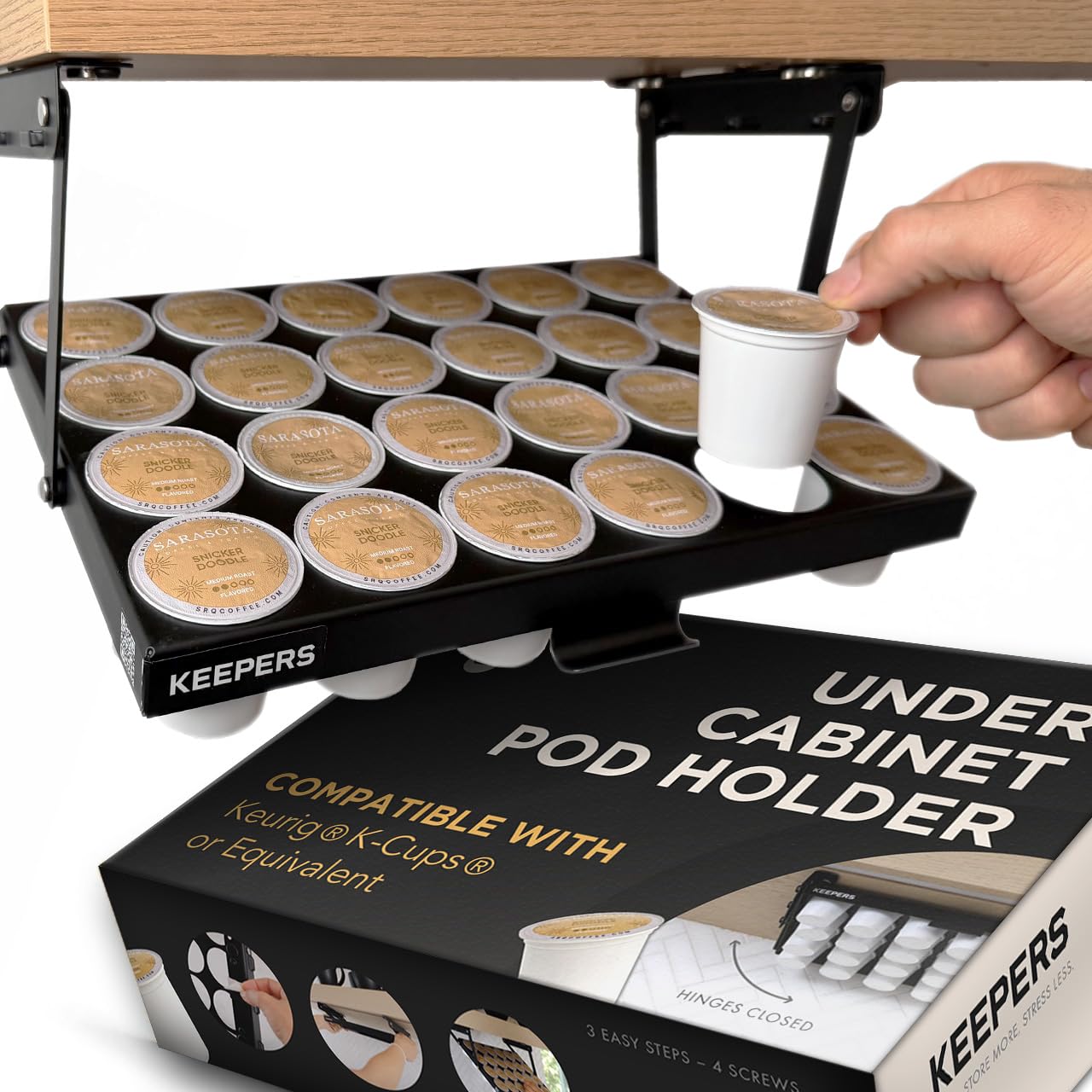 COFFEEKEEPERS front view mounted under cabinet showing space-saving benefit