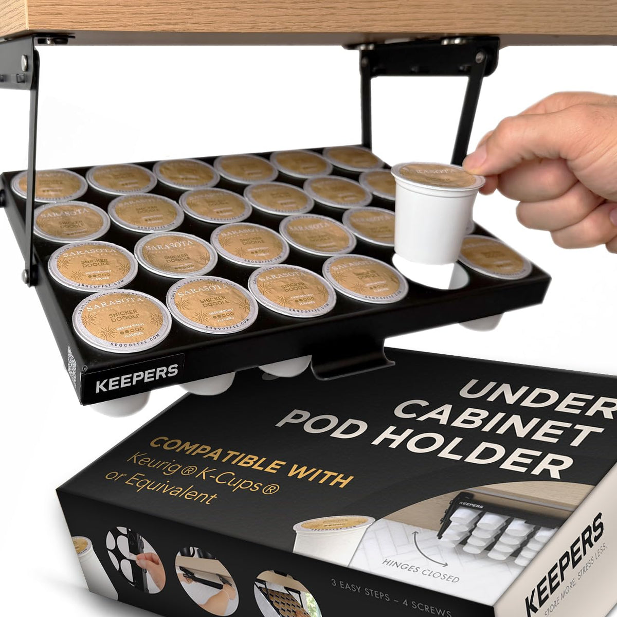 COFFEEKEEPERS front view mounted under cabinet showing space-saving benefit