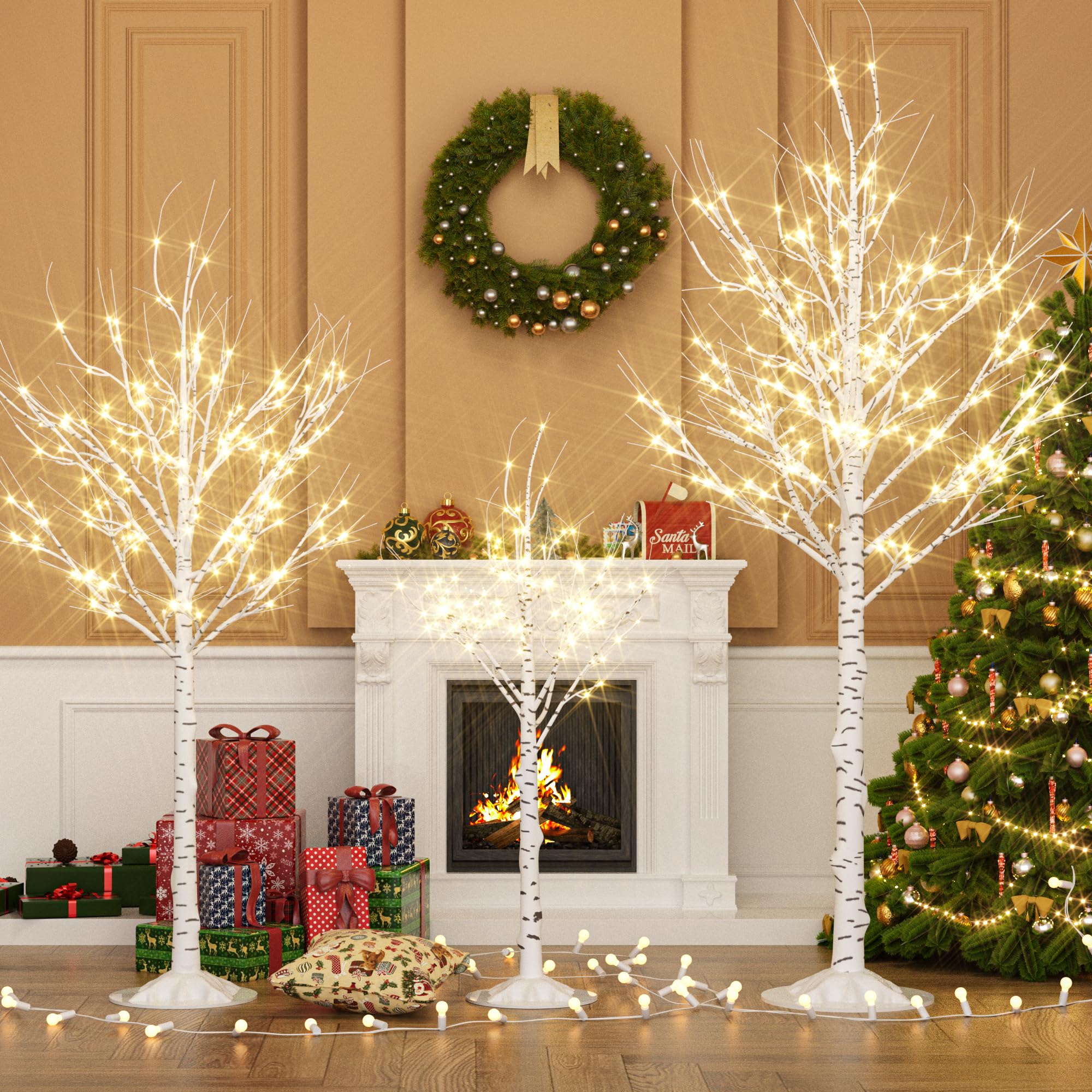 Cofiyard front view of three lit birch trees showing warm ambience