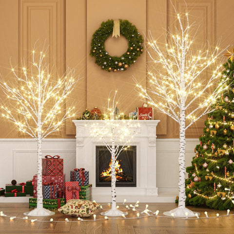 Cofiyard front view of three lit birch trees showing warm ambience