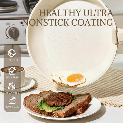 Coicur removable handle attached to pan showing secure click-fit and single-handed convenience benefit
