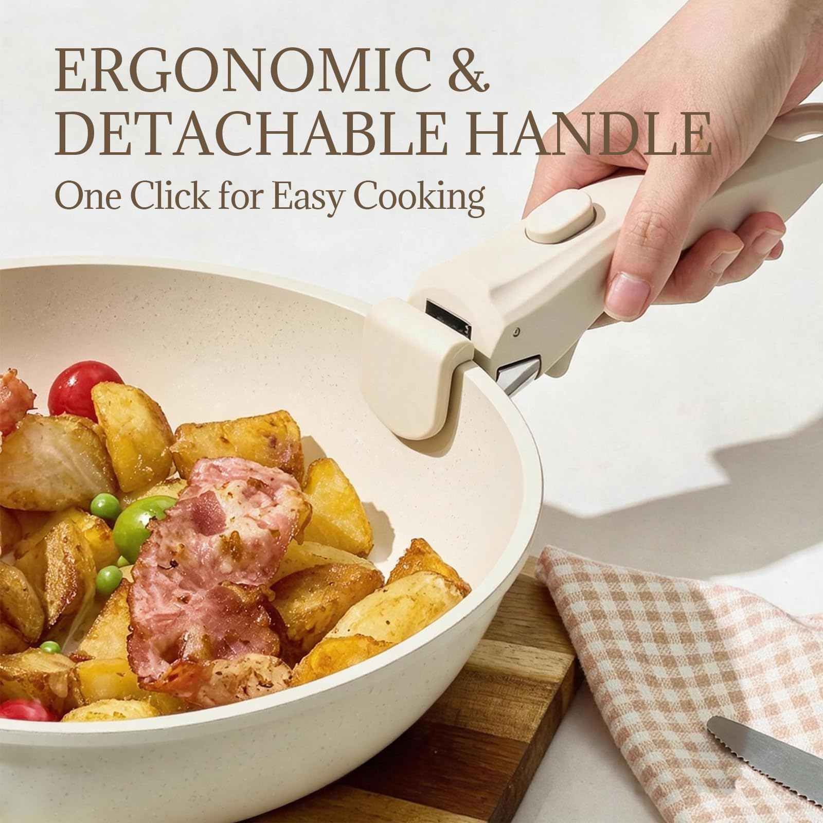 Coicur detached handle with pan in oven ready to bake showing oven-safe versatility benefit
