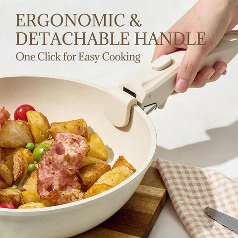 Coicur detached handle with pan in oven ready to bake showing oven-safe versatility benefit
