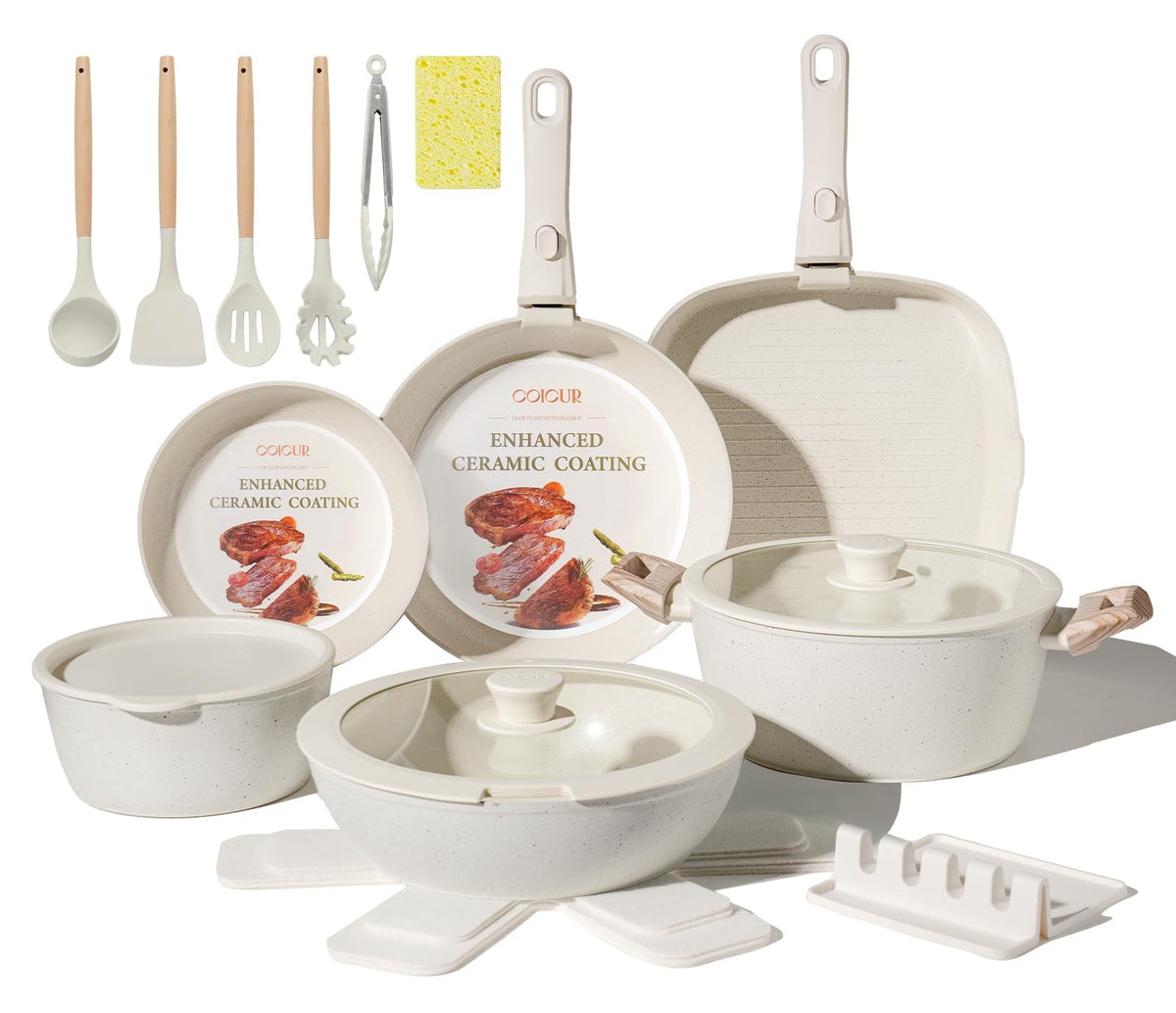 Coicur front view of cream 23-piece set showing complete collection and organized layout